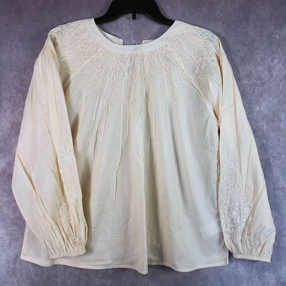 LOGO Lavish Blouse Womens XS Beige Embroidered Boho Balloon Sleeve Tunic Top